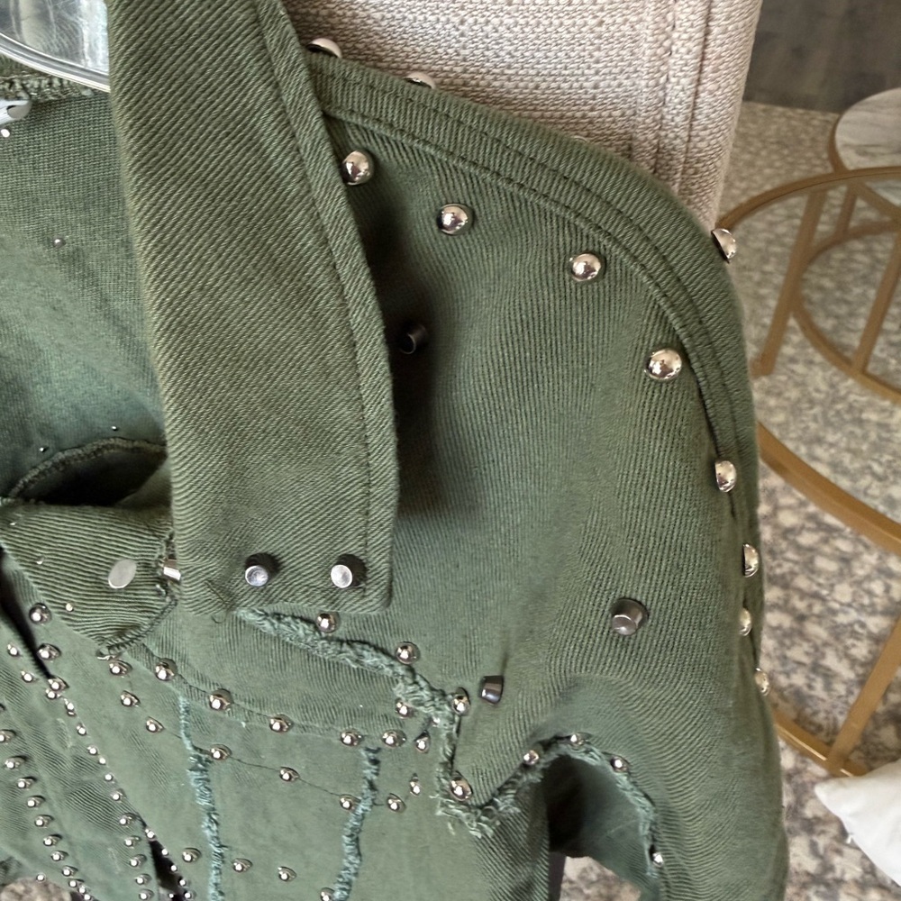 Hengsheng Jeans Olive Studded Cropped Jacket Boho Western Medium - Picture 3 of 7